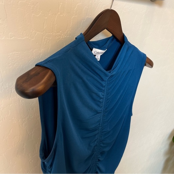 Calvin Klein blue sleeveless ruched top, stretchy, teal blue, size Large - Picture 5 of 12